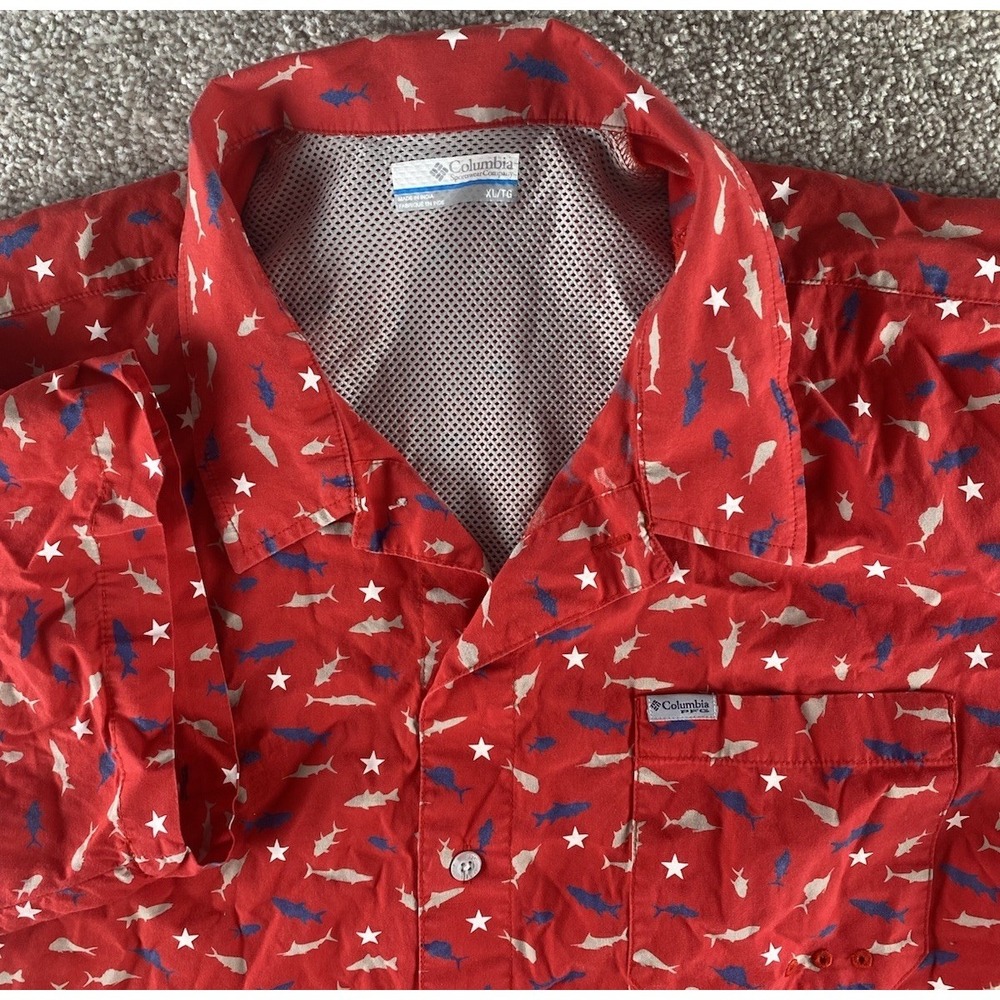 Columbia PFG All Over 4th Of July / Fish / Star Print Men XL Cotton Fishing Hike